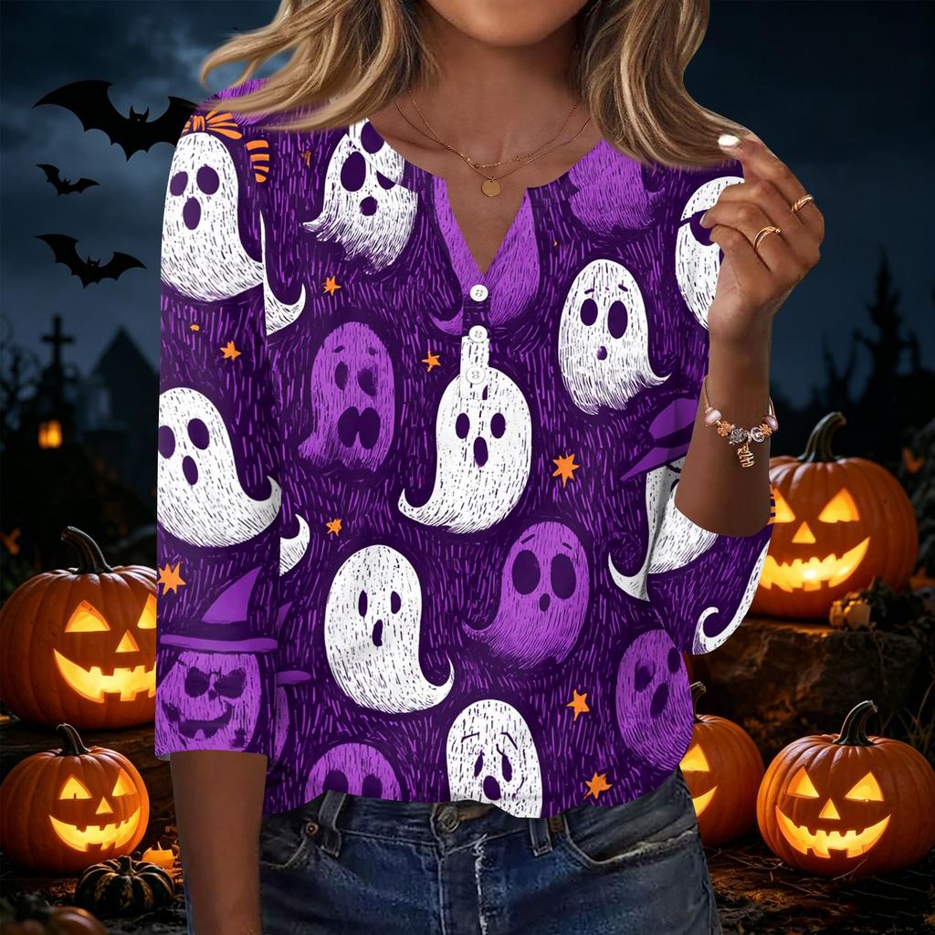 Women's Casual V Neck Button Front Halloween Print T Shirt Three Quarter Sleeve Top Lightweight Soft Fabric Comfortable Fit