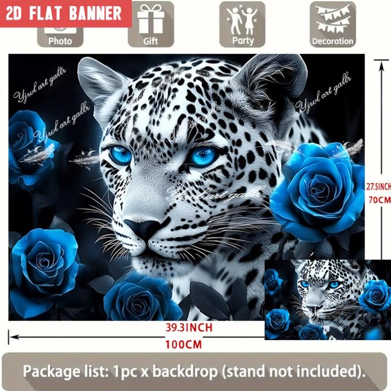 1Pcs White Leopard Blue Eyes Blue Roses Decoration Background Animal Backdrop Decorations For Photo Studio Photo Booth Party