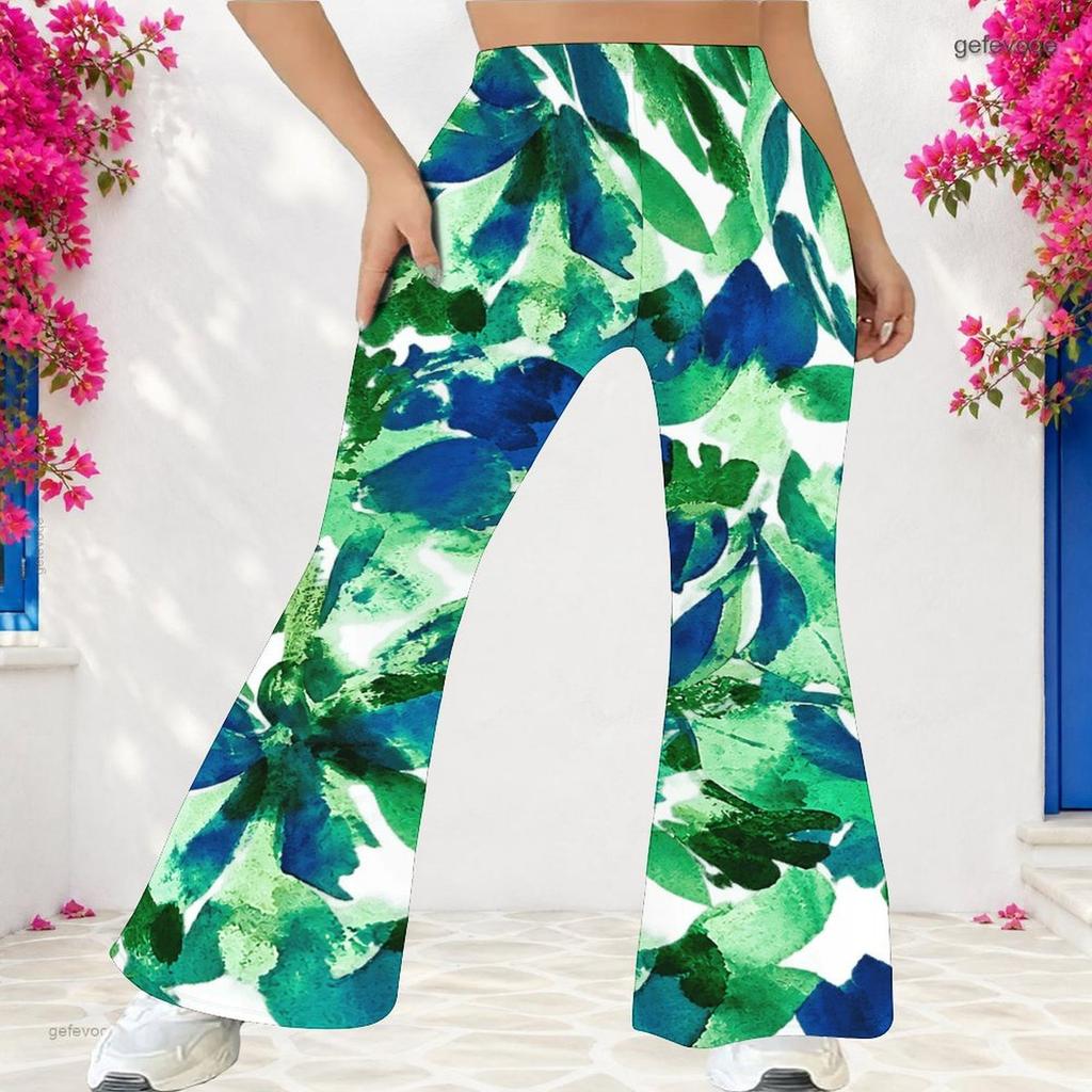 Pantalon évasé long taille haute pour femme grande taille avec imprimé feuilles tropicales