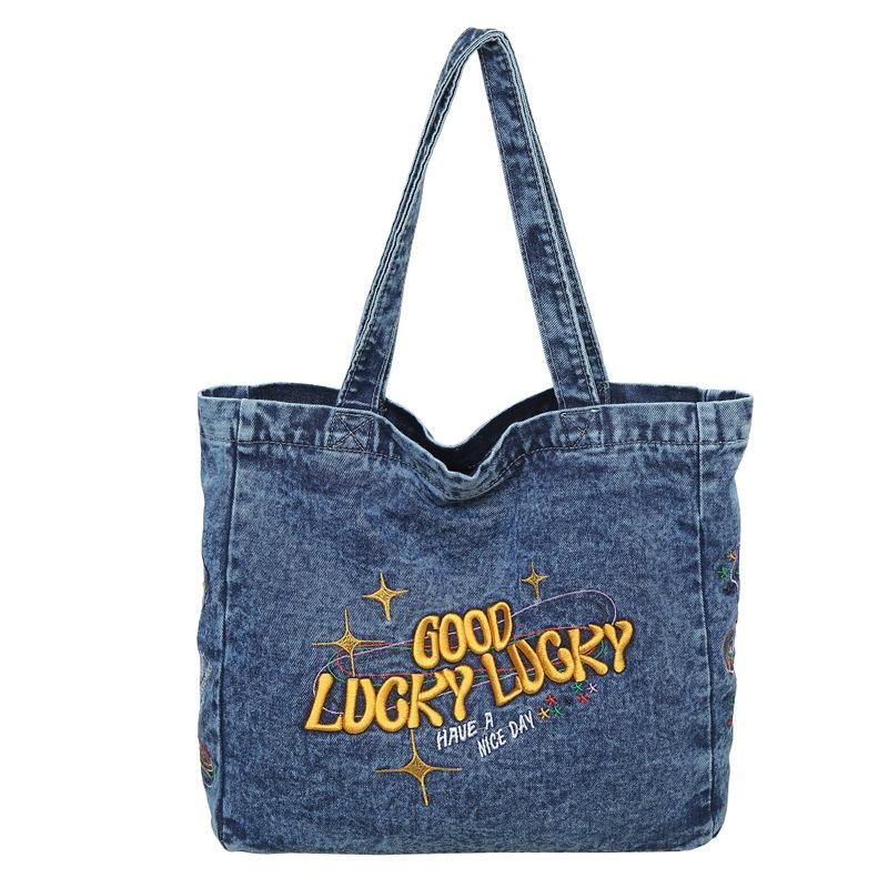 

Сумка из денима женская с вышитым алфавитом в стиле Harbor, сумка через плечо для поездок на работу, сумка для учебников для студентов по искусству синий