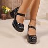 Fashion Patent Leather Heels Autumn New Round Toe Metal One Strap Platform Non-Slip Wear-Resistant Square Heel Single Shoes