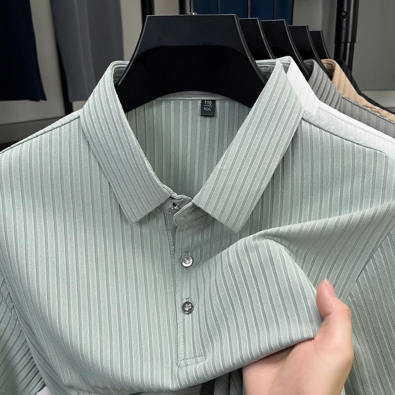 High-End Striped Ice Silk Short-Sleeved T-Shirt Men'S Lapel Solid Color Polo Half-Sleeved Breathable Clothes