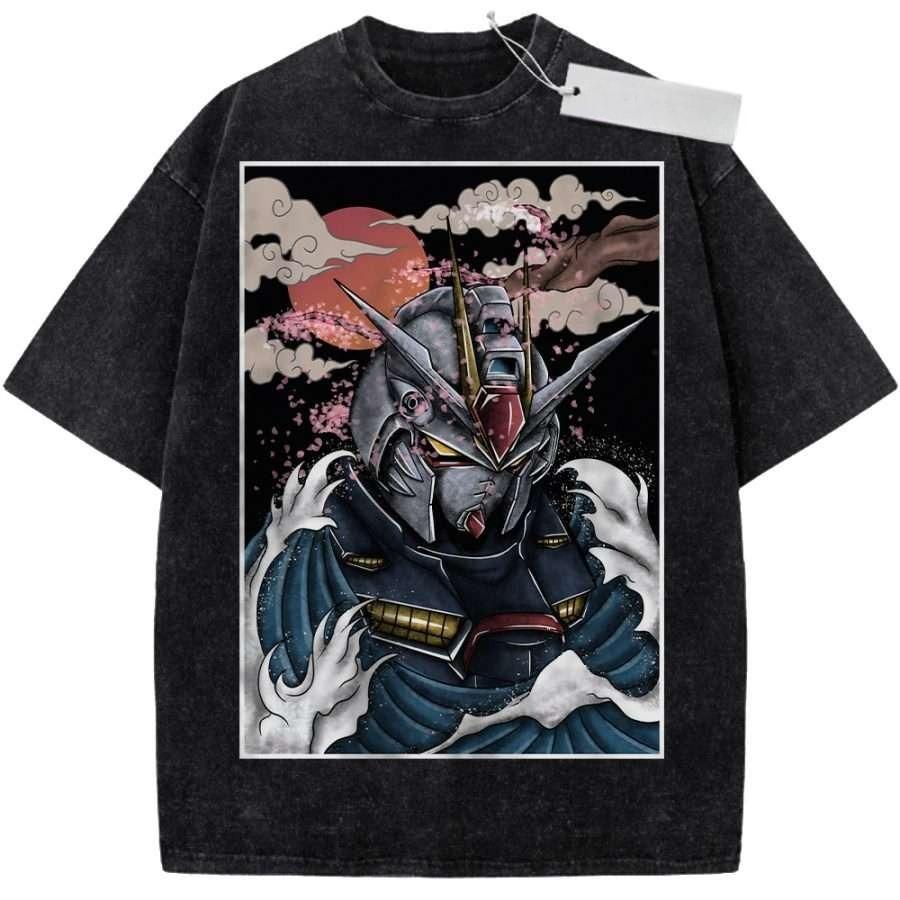 Summer Mens Black Washed T  Shirt Mobile Suit Gundam Japanese Wave Style RX High  Quality Fabric for Casual