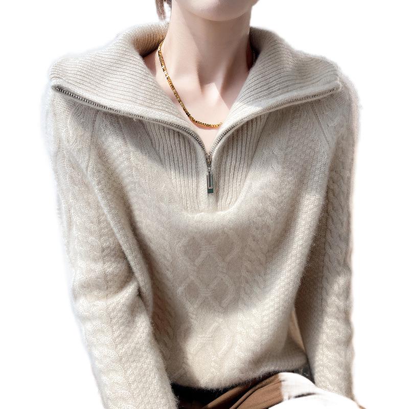 Women's Heavyweight Thickened 100% Wool Half-Zip Sweater, Autumn/Winter Fashion, Versatile Knitwear with Large Turn-Down Collar.