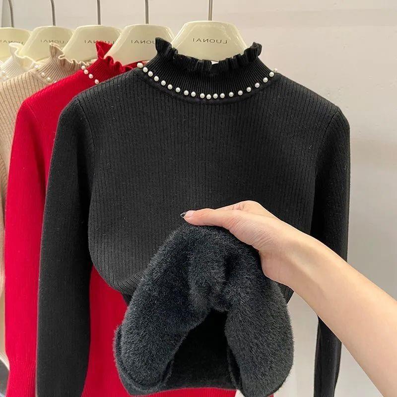Pulover Tricotat cu Guler de Catifea cu Mărgele pentru Femei Toamnă/Iarnă