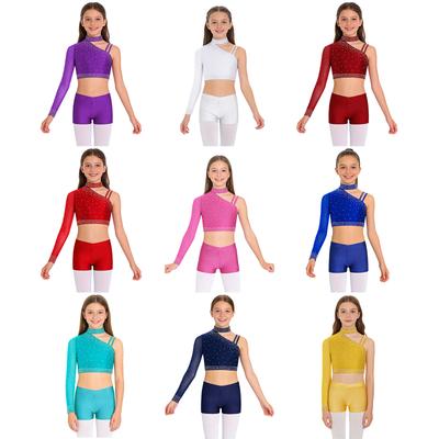 Girls Irregular Shoulder Crop Top Sparkly Rhinestones Design V Front Waistband Shorts Dance Top Stage Performance Outfit