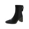 Damen Koreanische Stiefel Winter High Heels Schleife Eckige Zehenpartie Retro Stiefeletten Klobige Absätze Kleiderschuhe Elastisch Kurz Botas De Mujer