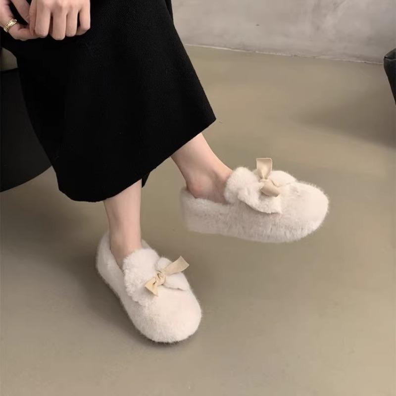 Fashion Fashion Bowknot Women Plush Flats Furry Mocasines Loafers Mujer Warm Cotton Shoes Ladies Slip On Sheep Fur Lined Shoes Zapatos