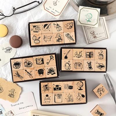 8Pcs/Set Wood And Rubber Stamps Decorative Wooden Stamps Retro Life Theme Stamps for Scrapbook Cards Envelopes DIY Craft Planner Journal