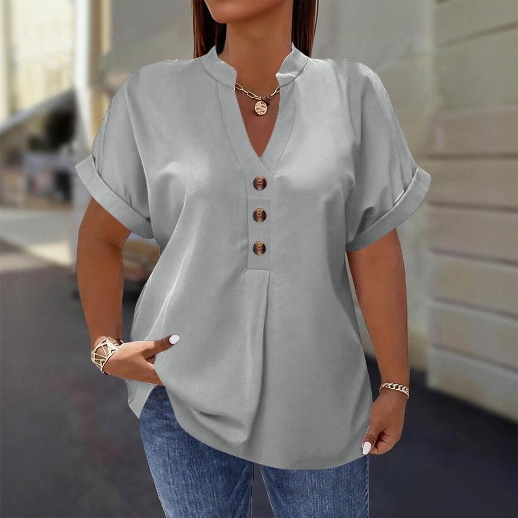 Women's Fashion Short Sleeve V Neck Button Up Blouse Stylish Casual Plus Size Top