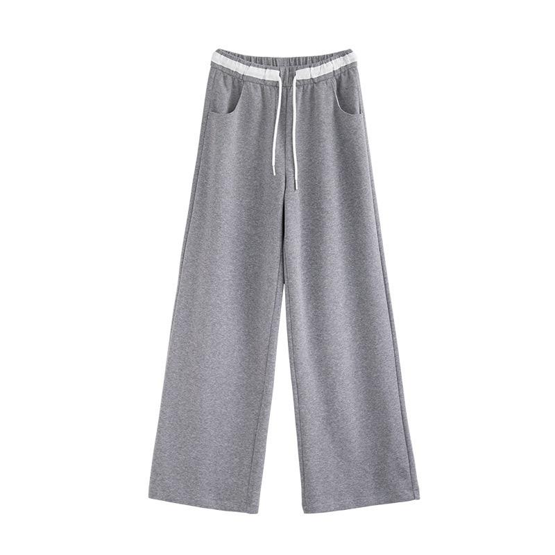 Gray sweatpants women's spring and autumn casual straight sweatpants design sense splicing elastic waist narrow version wide leg pants