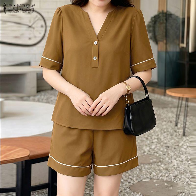ZANZEA Women Short Sleeve Blouse and Shorts Summer Two Piece Suit Sets