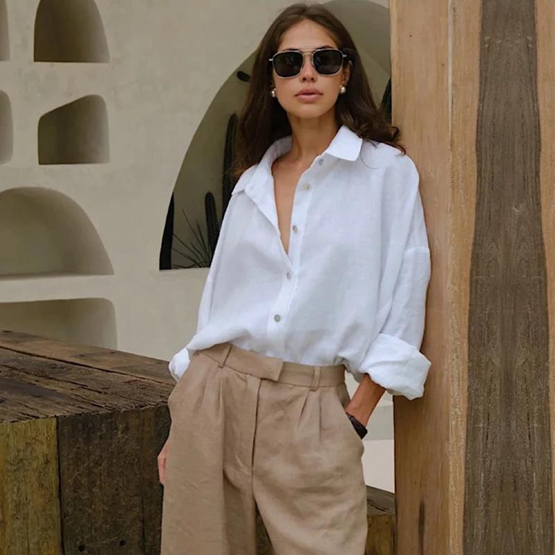 Women's Linen Shirt Long Sleeve Elegant Pink Oversize Blouse Vintage Basic Top Collar Cotton Linen Shirt for Women