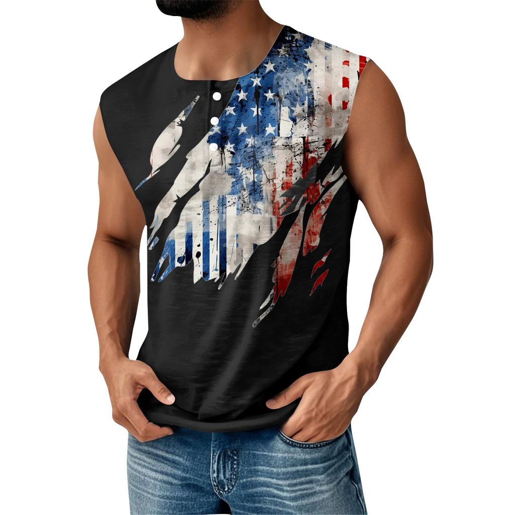 Men's Summer Independence Day Printed Sports Button Pocket Sleeveless Tank Top