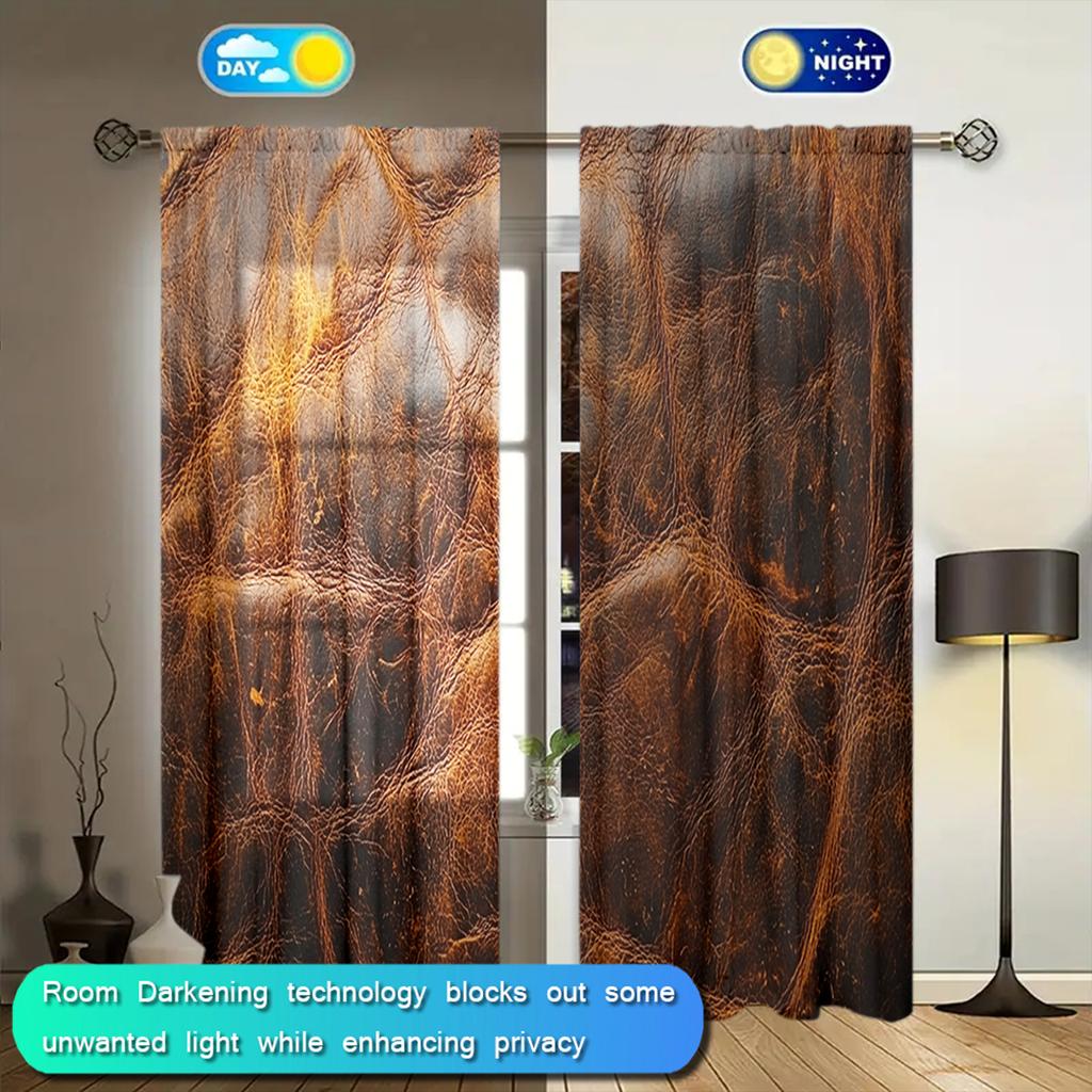 2 Stück Brauner Lederdruck Vorhang für Heimdeko - Stangentasche Fensterbehandlung für Schlafzimmer, Büro, Küche, Wohnzimmer