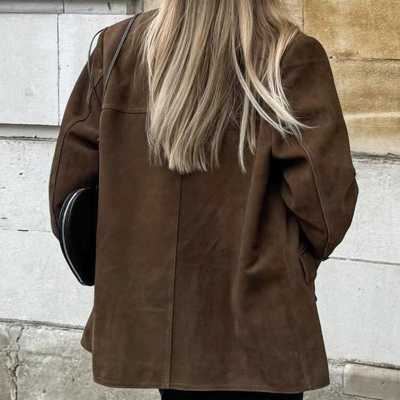 Hnědá matná sametová retro klopa volná semišová bunda podzim a zima maillard sako dámské