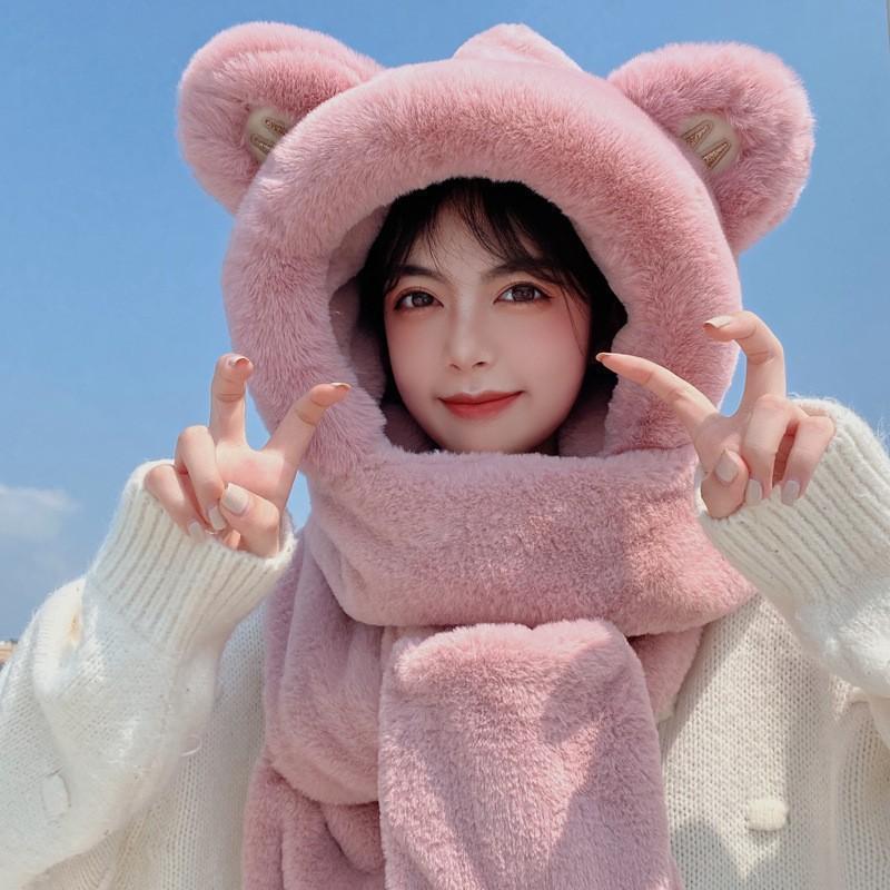 Hat female autumn and winter warm knitted wool snow hat cycling mother fashion ear protection headgear scarf integrated hat