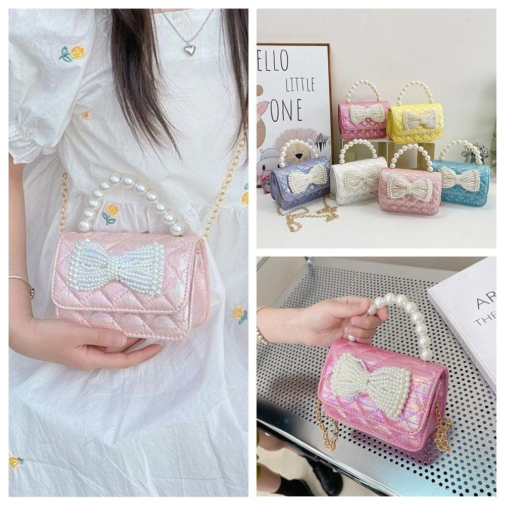 Mini Bow Crossbody Bag PU Leather Children Coin Purse Simple Pearl Handbag Women