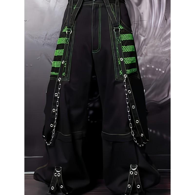 Punk Dark Street Style Wide Leg Pants Women Sheer Mesh Patchwork Loose Trousers