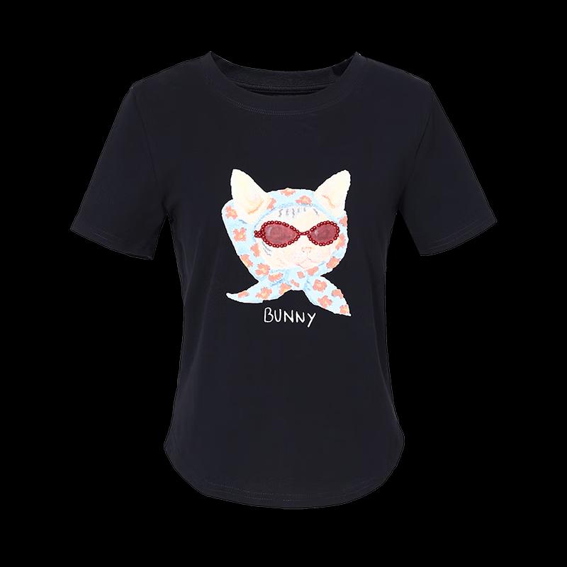 Women's Cat Print Beaded Short Sleeve T-Shirt