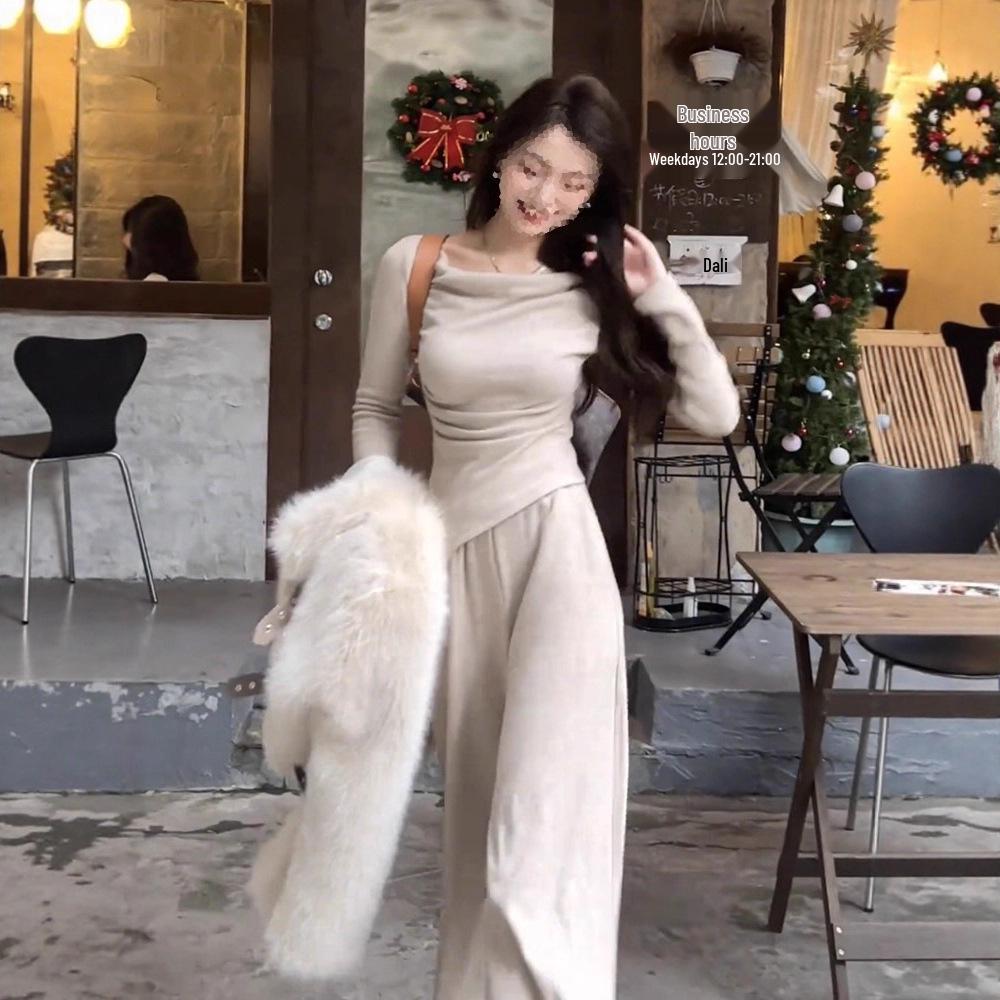 2025 Autumn Elegant One-Shoulder Top & Wide-Leg Pants Set