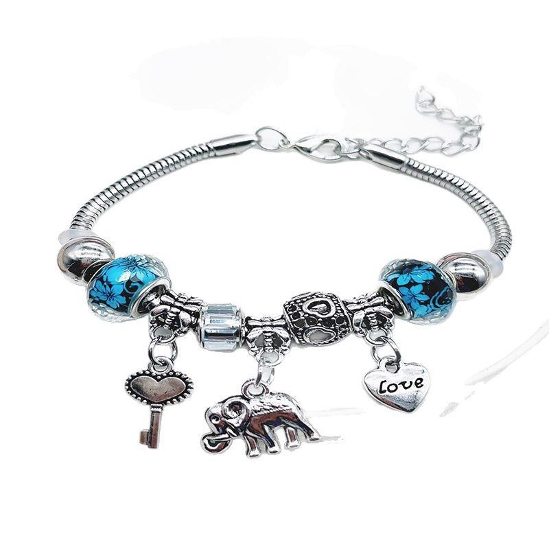 Handgefertigtes Perlenarmband mit Elefantenanhänger, Herzschlüssel und Kristallperlen für Damen, Schmuckgeschenk