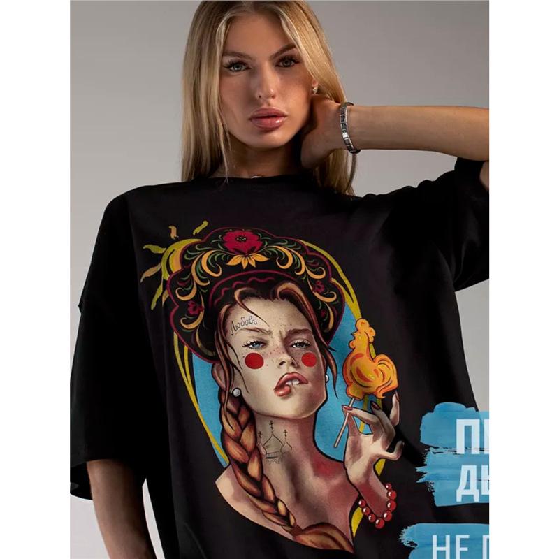 

Женская футболка из плотного чистого хлопка с коротким рукавом и круглым вырезом - Модная уличная японская мода для лета XXXL чёрный