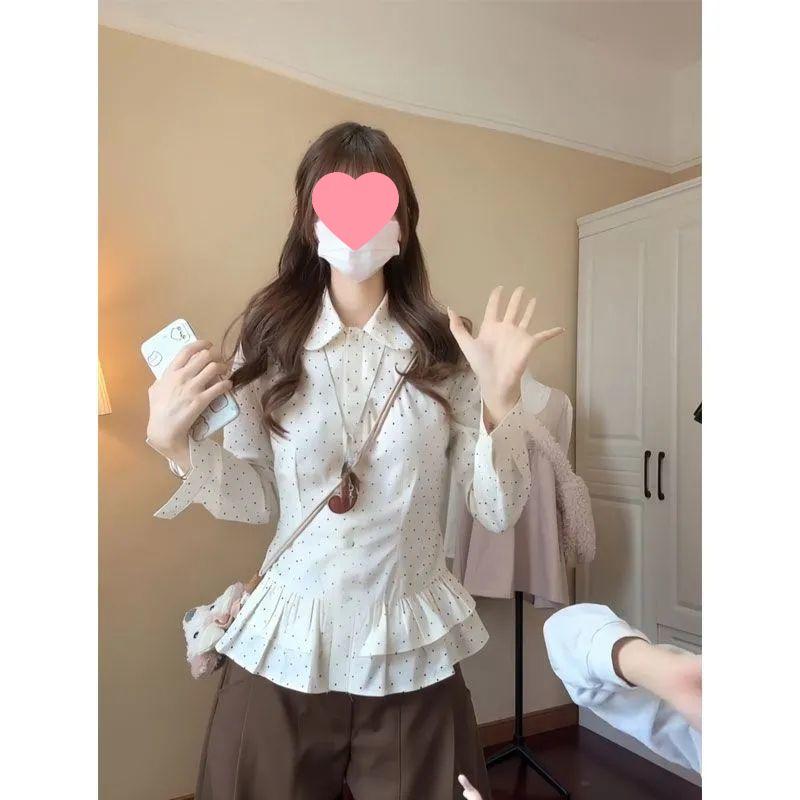 

Plus Size Korean Doll Collar Polka Dot Lace Shirt for Women - Slimming Waist, Long Sleeve, Spring/Autumn 2XL (suggested for 125-140 jin) абрикосовый