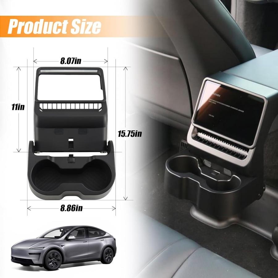 cfseh5 3-In-1 Design Rear Seat Cup Holder Organizer For Tesla Model Y Juniper 2025+ & Model 3 Highland 2024+ Retractable and Foldable