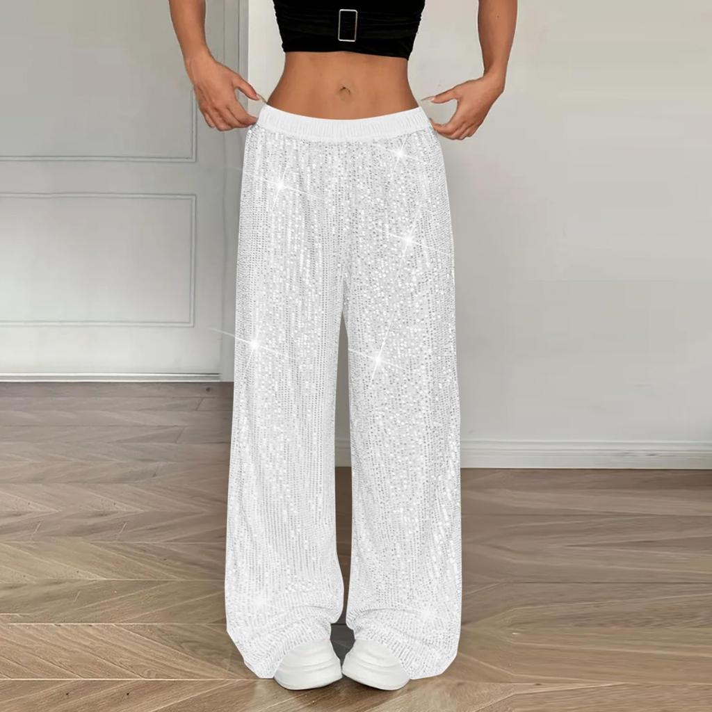 Sequin Pants Women Stretchy High Waist Wide Leg Pant Casual Loose Glitter Trousers Bling Party Clubwear