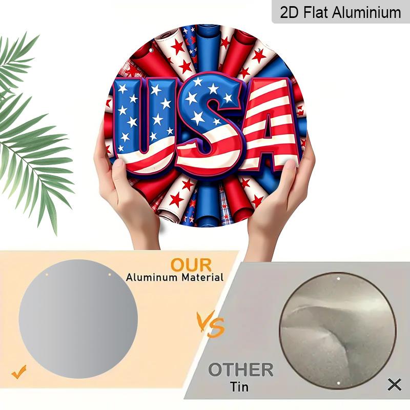 2D Flat - 1pc July 4th Patriotic Wreath - Red White Blue American Flag Design Metal Aluminum Sign with Stars, Stripes USA Lettering, Durable Aluminum
