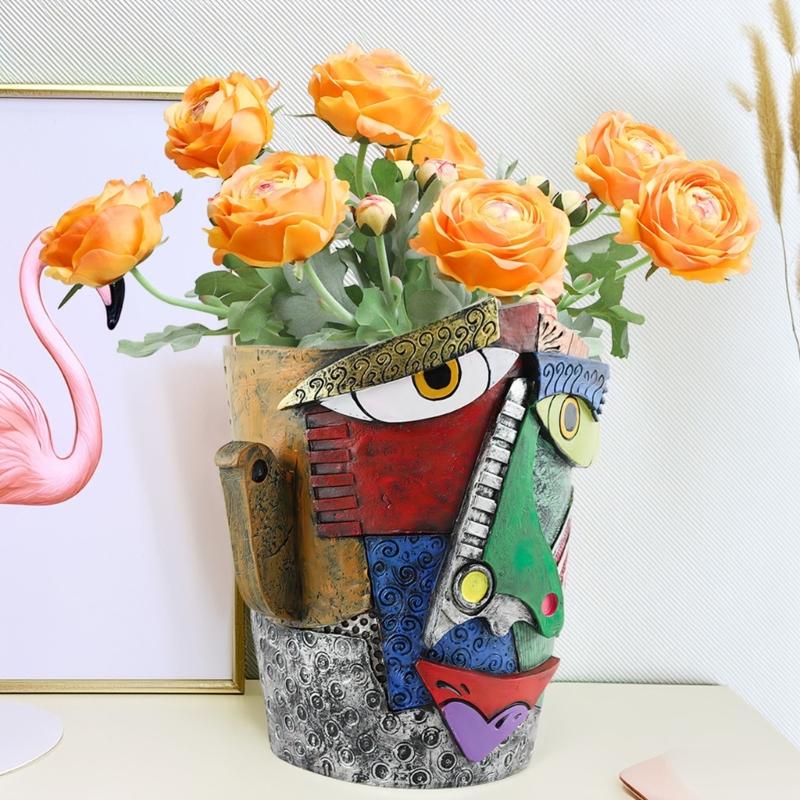 Vibrant Abstract Face Pot Handcrafted Art Piece Drainage Hole Included Anti Fade Suitable For Indoor And Outdoor Spaces