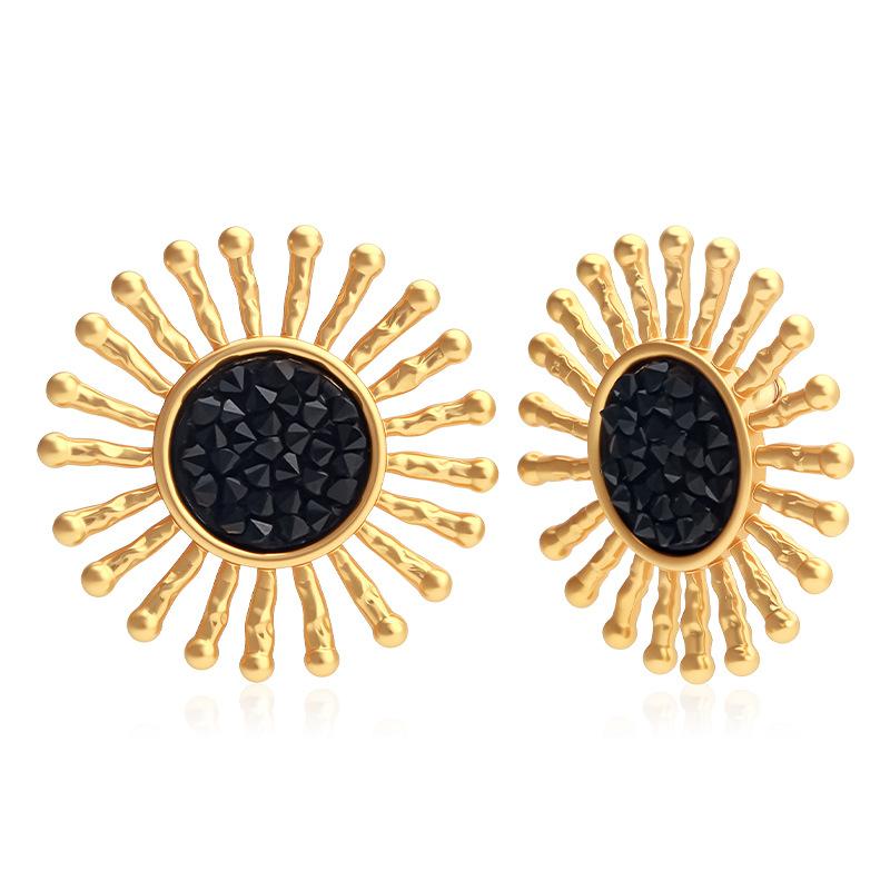 European and American old money style retro sunflower stud earrings female black crystal exaggerated design texture