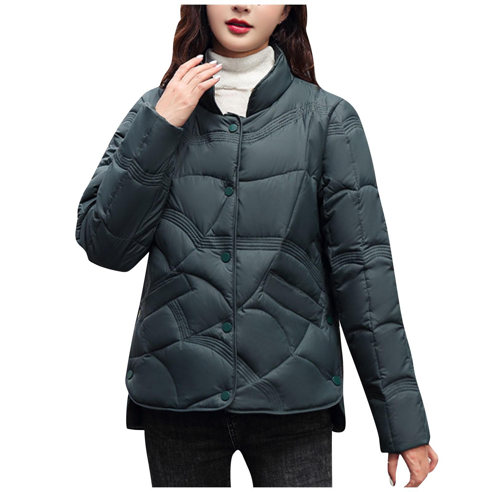 Women s Color Standing Collar Long Sleeve Pocket Warm Cotton Coat Cotton Jacket XL