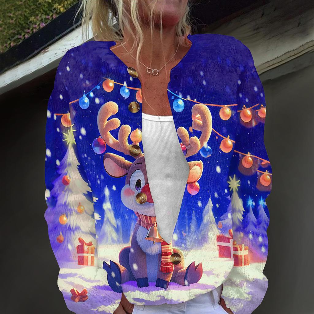 Damenmode, weihnachtlich bedruckt, langärmelig, Strickjacke, Button-Down-Jacke