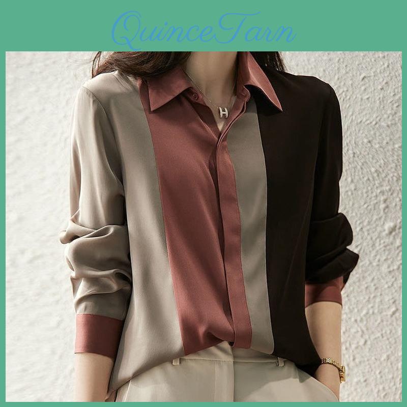 Sleeve Vintage Elegant Long Women Blouses Fall Hit Color Lapel Neck Loose Work Shirt Full Button Woman Clothing M3xl