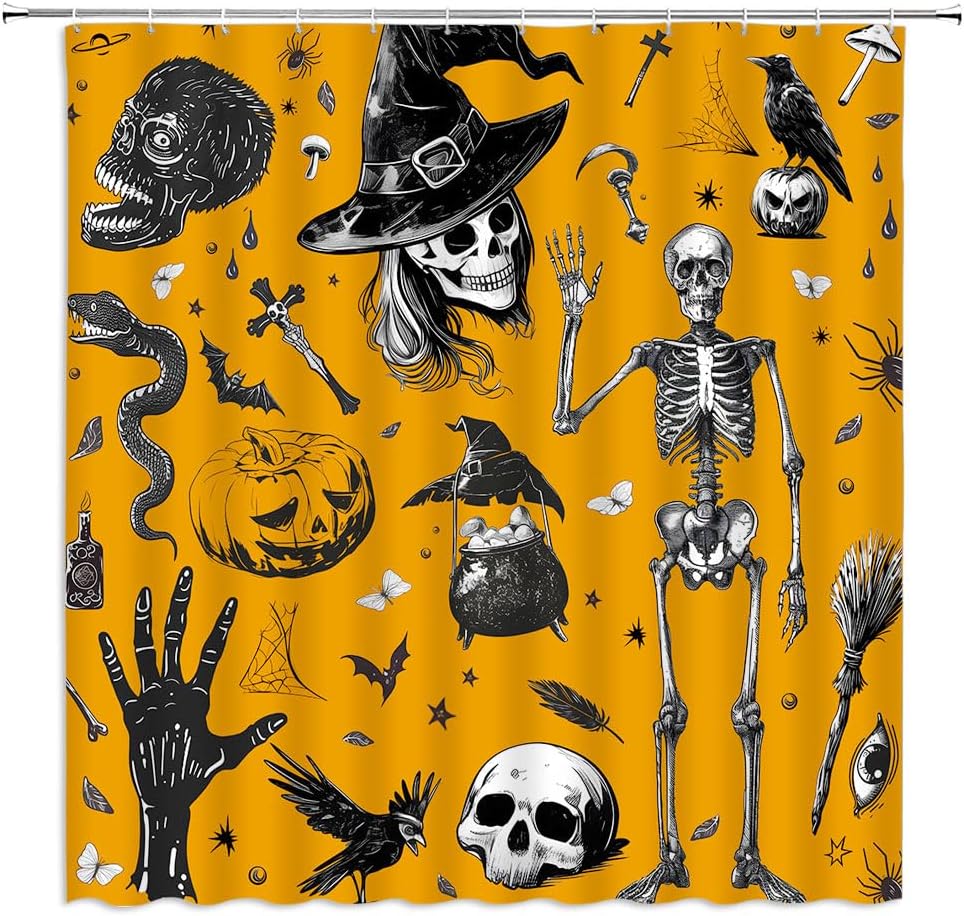 Happy Halloween Shower Curtain Gothic Skull Spooky Pumpkin Witchy Magic Witch Creepy Horror Skeleton Witchcraft Scary Cute