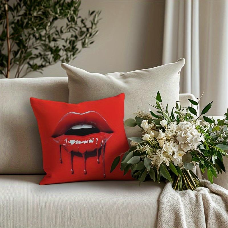 1 piece red lip print pillow cover - bold art design, soft polyester short velvet fabric, 17.7x17.7 inch decorative cushion cover with zipper