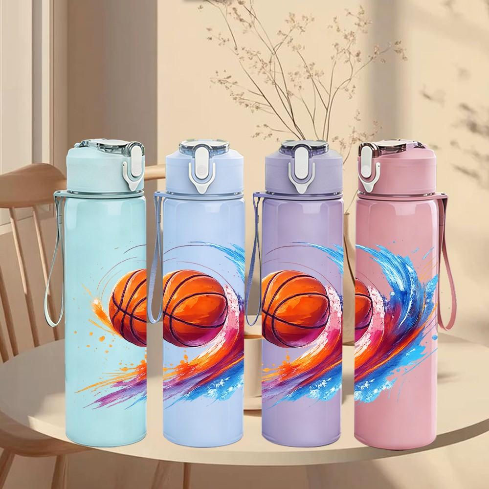 1PC Flame Basketball Pattern 750ml Color Plastic Sports Water Bottle Leakproof Flip Straw Lid Suitable for Sports Office Home Use