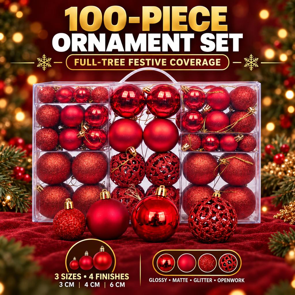 PVC Christmas Ornament Ball Set, 100pcs, Mixed Sizes