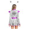Womens Space Alien Costume Long Sleeve A Line Dress Metallic Shiny Front Zipper Design Astronaut Cosplay