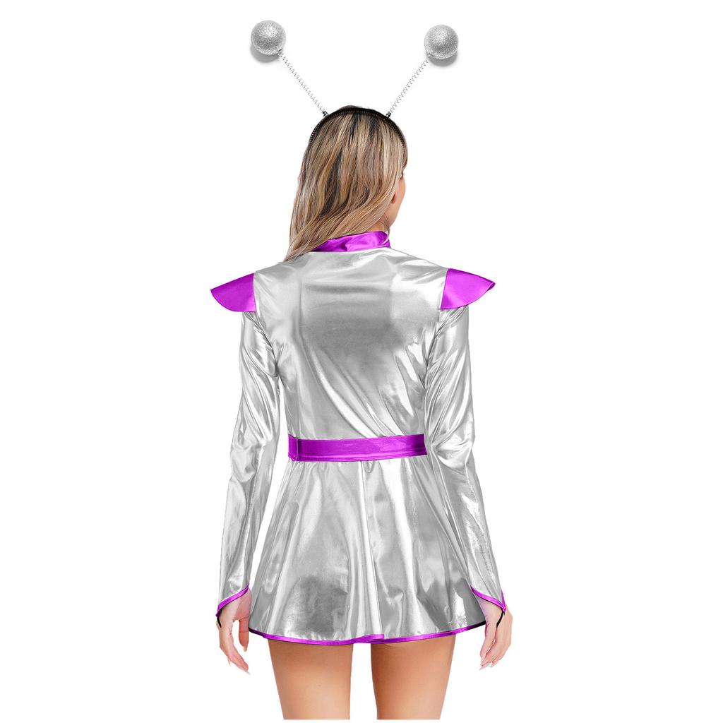 Womens Space Alien Costume Long Sleeve A Line Dress Metallic Shiny Front Zipper Design Astronaut Cosplay