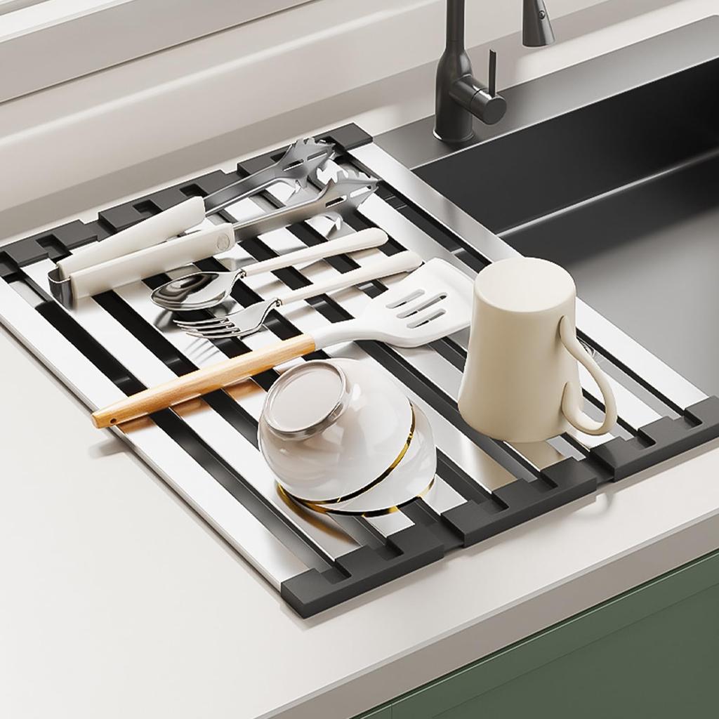 THCTYRP Stal Nierdzewna Składany Ociekacz do Naczyń Przeciążalny Powyżej 20kg Wzmocniony Kwadratowy Pręt Odpowiedni do Desek Rdza Zmywarka Łatwe Przechowywanie Zlewozmywak,