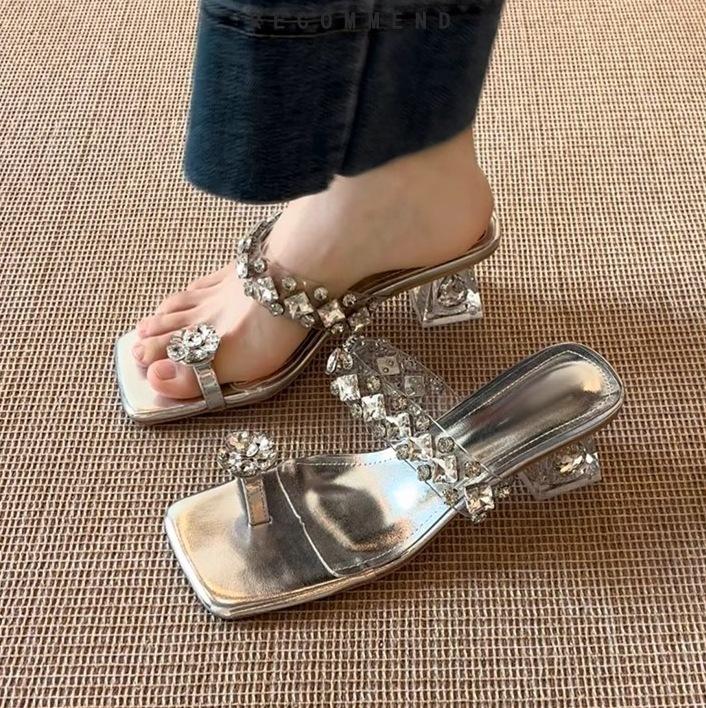

Sheepskin! With skirt slippers women s 2025 new summer wear silver rhinestones transparent thick heel sandals drag exquisite 40