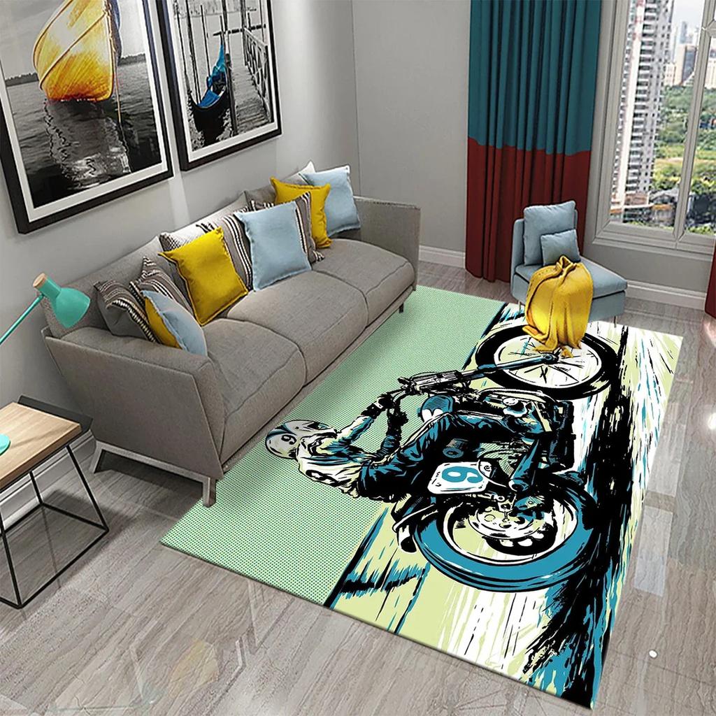 3D Vintage Cool Classic Motorcycle Carpet Oil Painting Art Carpet Home Bedroom Living Room Decorations Rug Bathroom Non-Slip Mat