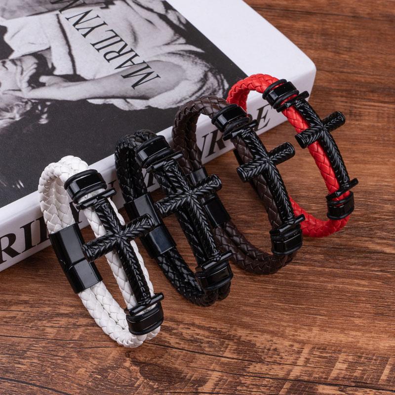 Black Cross Braided Bracelet Retro Spiritual Accessory Multi-Color PU Leather Design Jesus Cross Charm Cuff Bracelts for Man