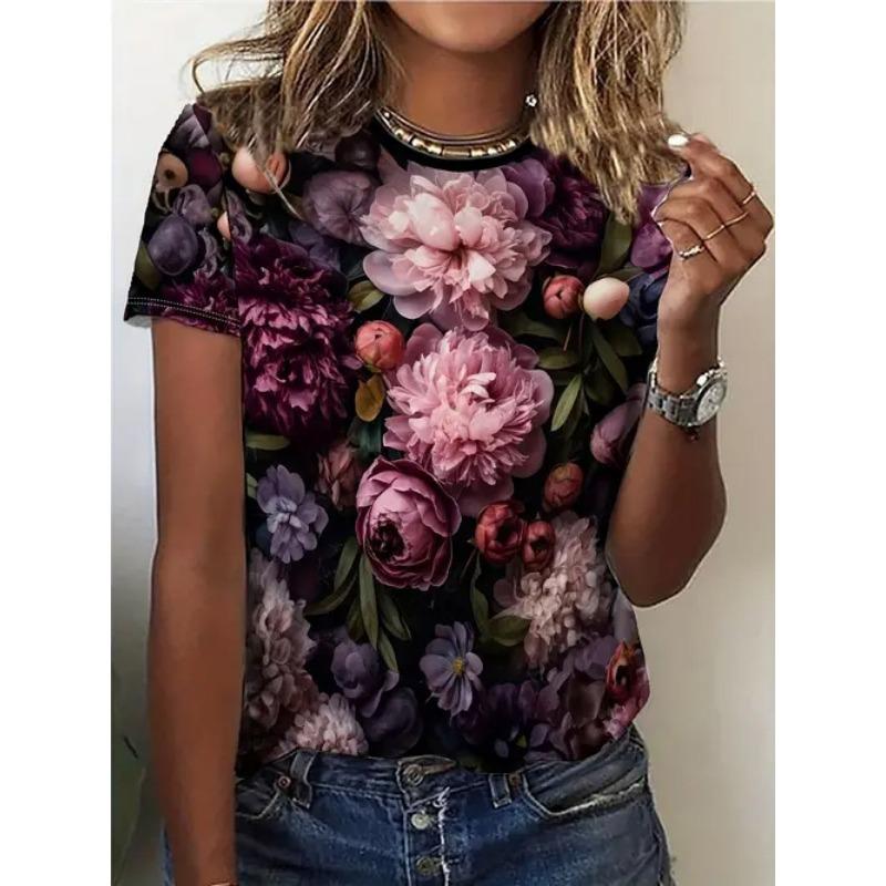 Summer Casual Style Round Neck Pullover Short Sleeved Top with 3D Floral Pattern Printed Women's T-shirts