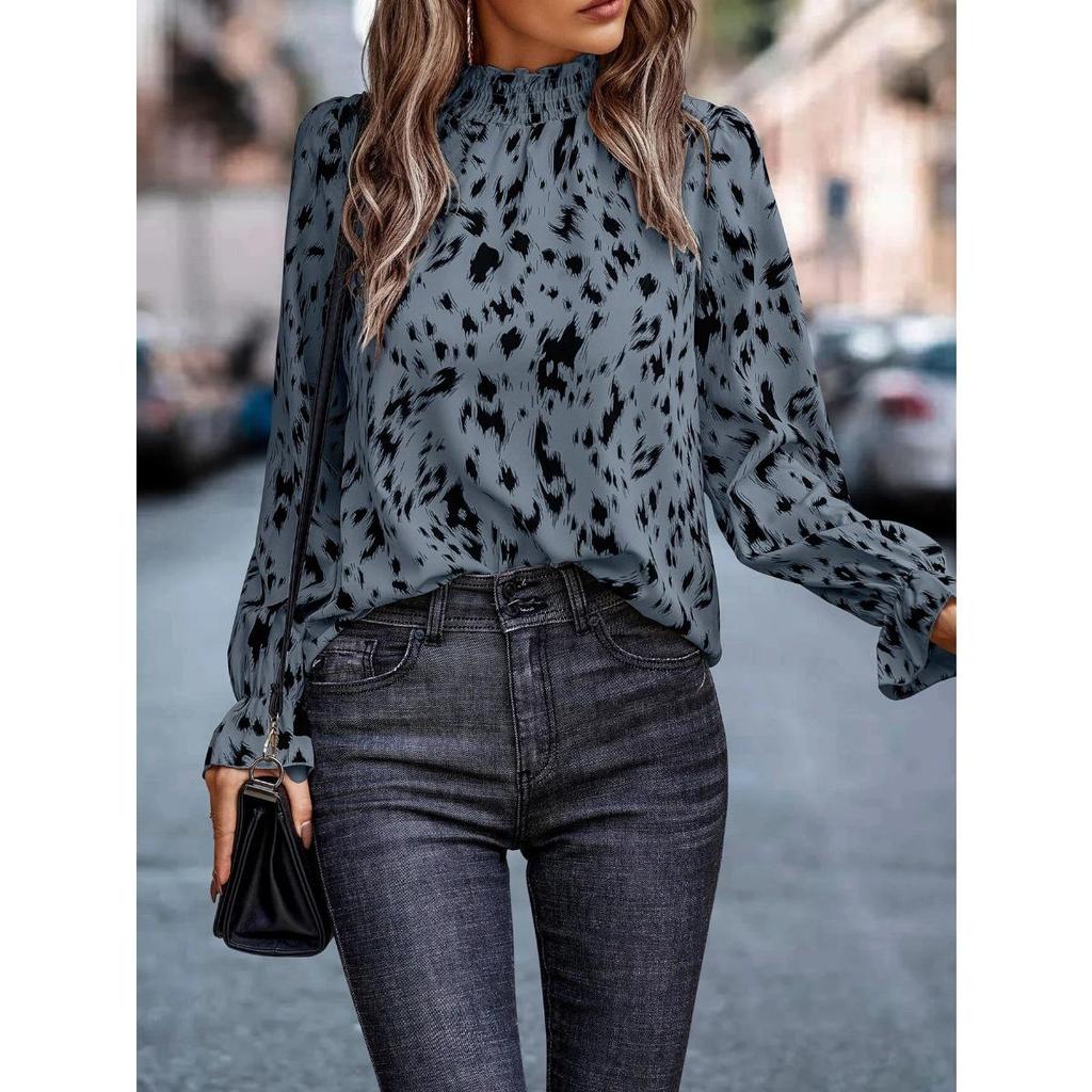 Autumn Winter New Women's Blouse Long Sleeve Mock Neck Loose Fit European American Style Cross-Border