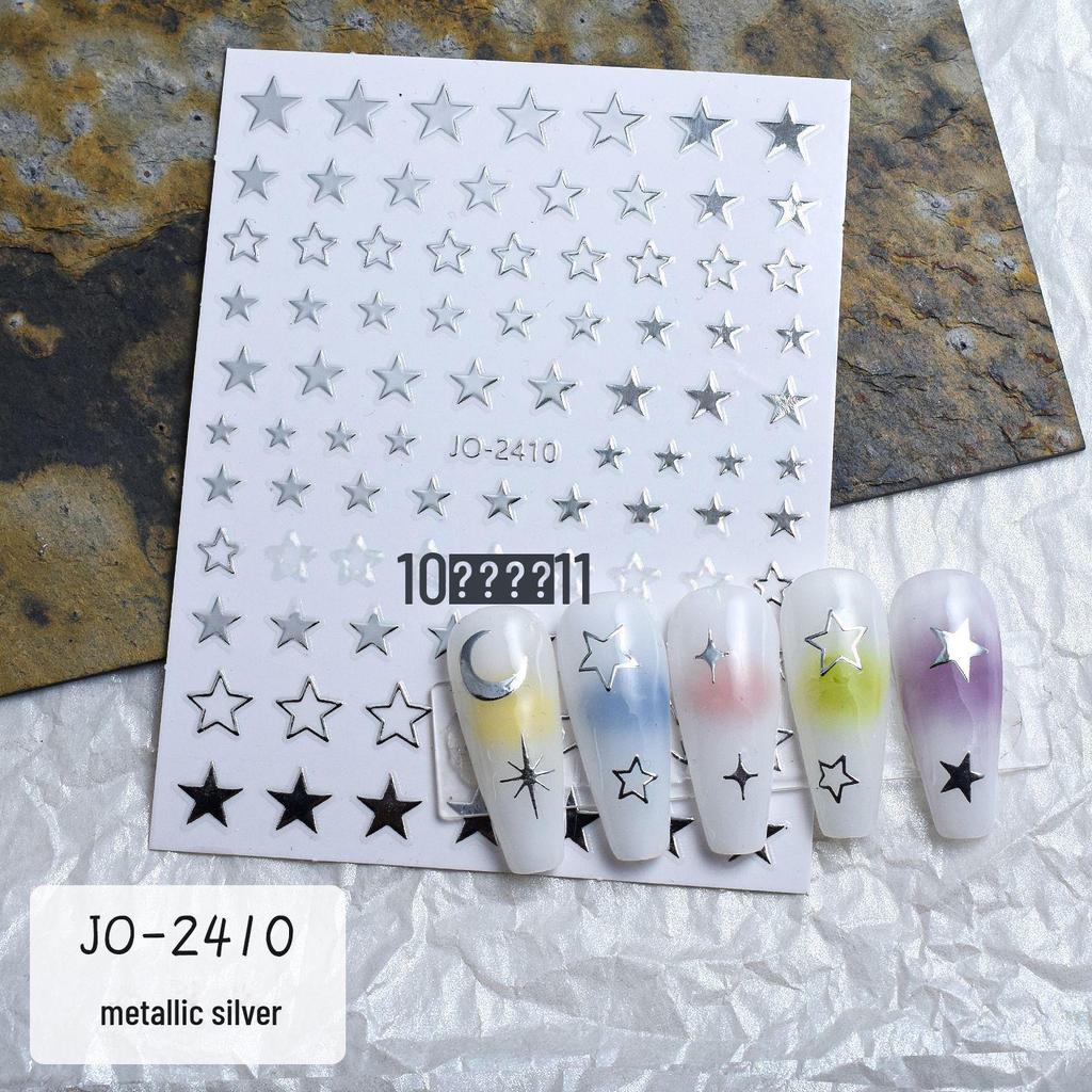 Silver Star & Moon Nail Art Stickers - Liquid Metal Love, Five-Pointed Stars, and Tiny Stars Decals.