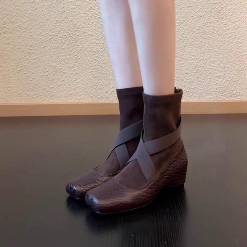 Sheepskin version~ genuine leather 5cm retro cross strap square head elephant pattern ballet clear cold wind designer fashion short boots